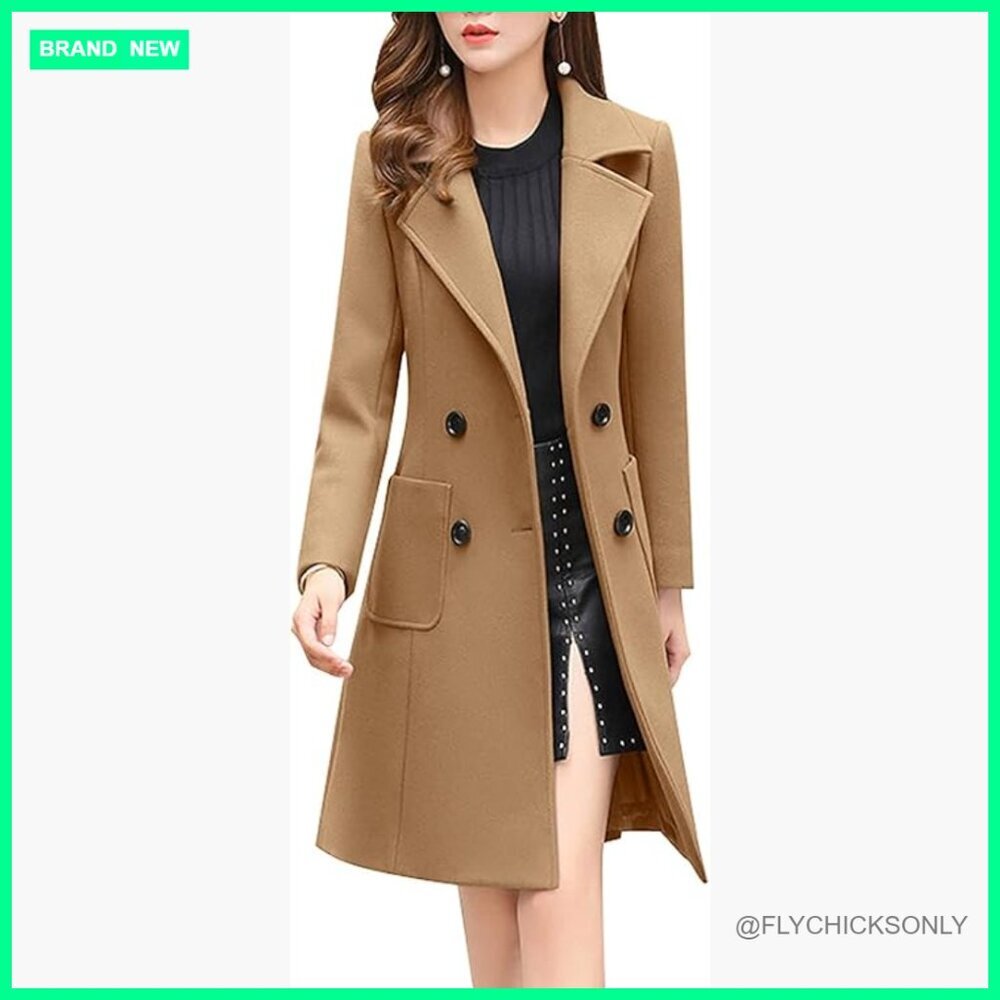 Wool Blend Double Breasted Overcoat with Notched Collar and Pockets